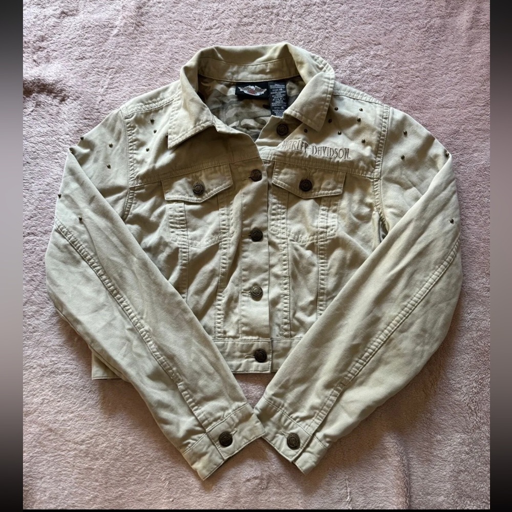 HARLEY DAVIDSON Women’s Crop Top‎ Jacket Canvas Biker Khakis Sz Large